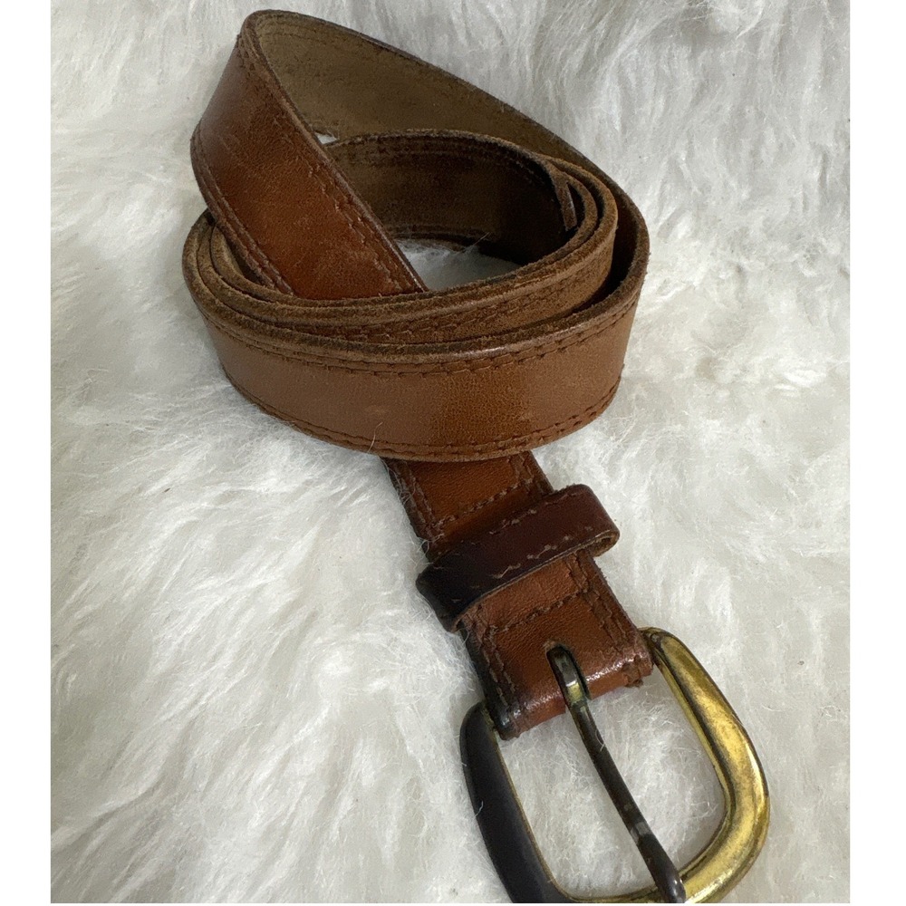 Leather Belt Mens 36-39 Brown Double Stitched Brass Buckle Vintage